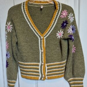 Anthropologie Floral Embroidered  - Olive Green Cardigan Sweater